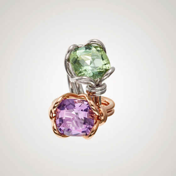 Rings in rose- or white gold with amethyst and tourmaline