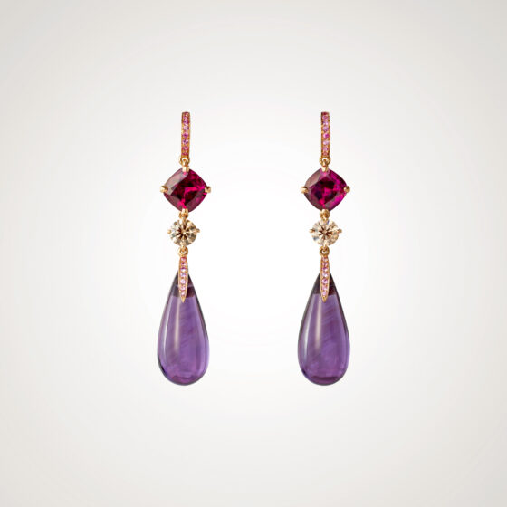 Earrings in rose gold with amethysts, pink sapphires, diamonds and garnets