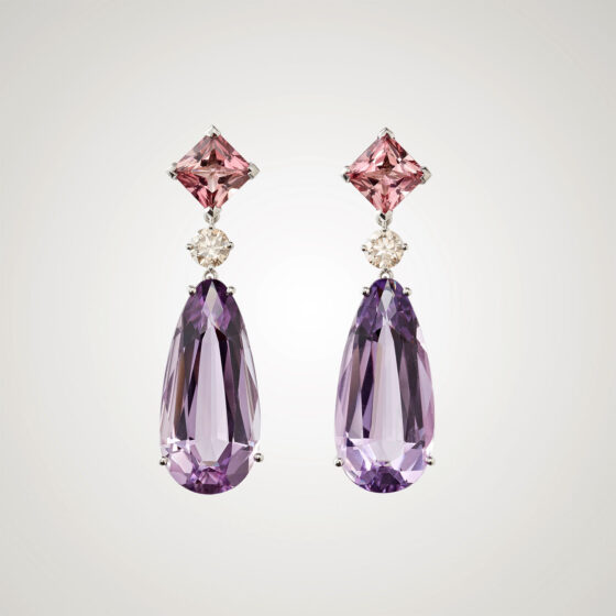 Earrings in platinum with amethysts, diamonds and pink tourmalines