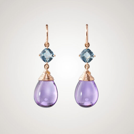 Earrings in rose gold with amethysts and aquamarines